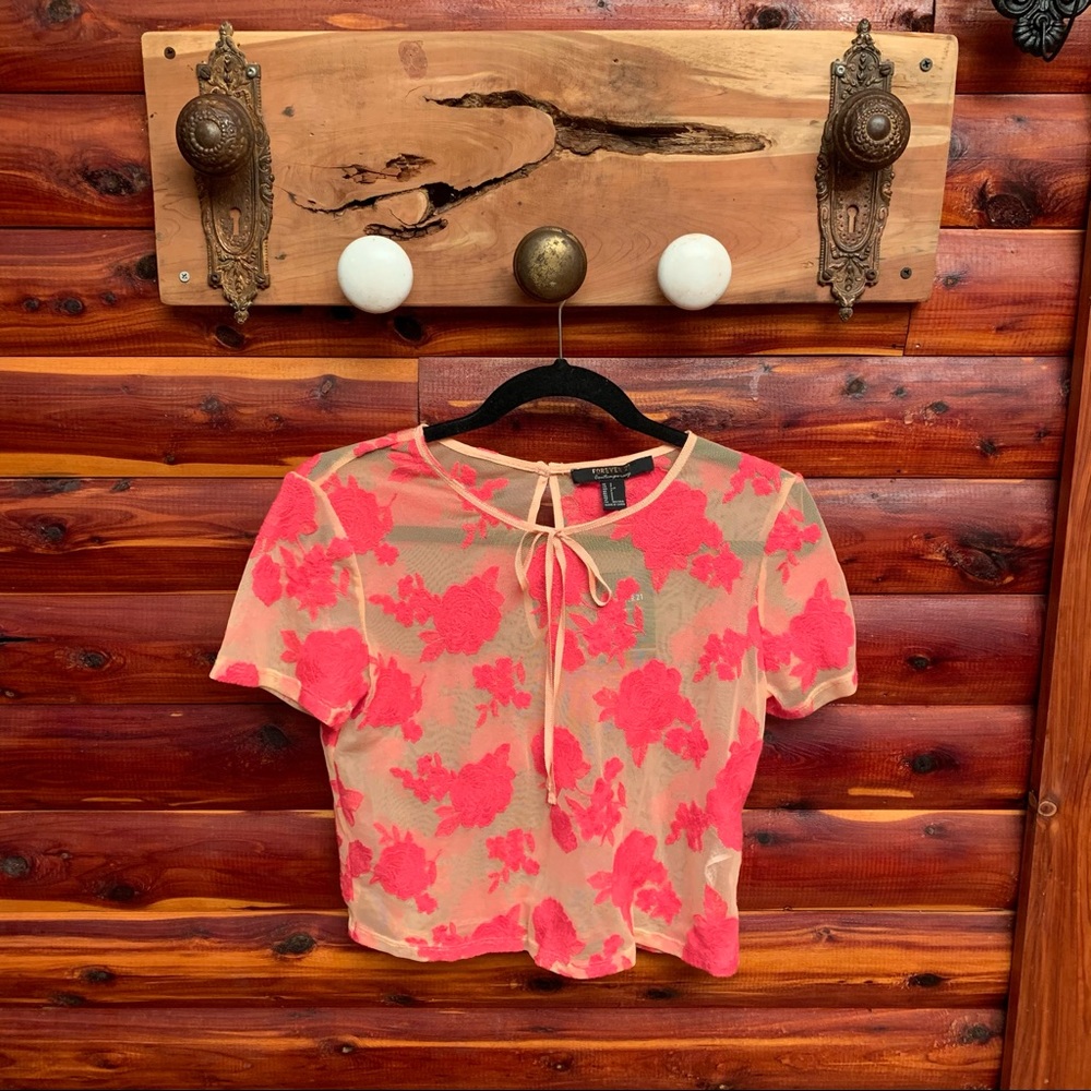 NWT mid length pink embroidery flower sheer lace top. Size S